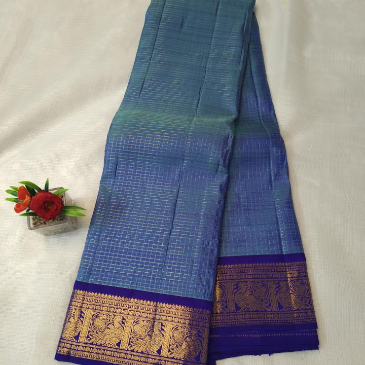 Peacock Blue Silk Saree with Contrast Purple Gold Zari Border