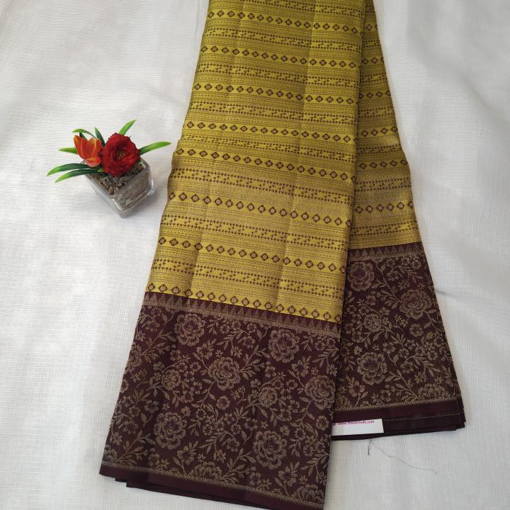 Olive Yellow Silk Saree with Geometric Lines & Contrast Dark Wine Border