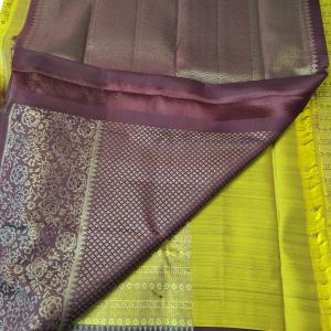 Olive Yellow Silk Saree with Geometric Lines & Contrast Dark Wine Border