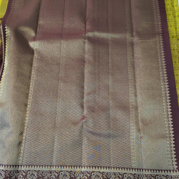 Olive Yellow Silk Saree with Geometric Lines & Contrast Dark Wine Border