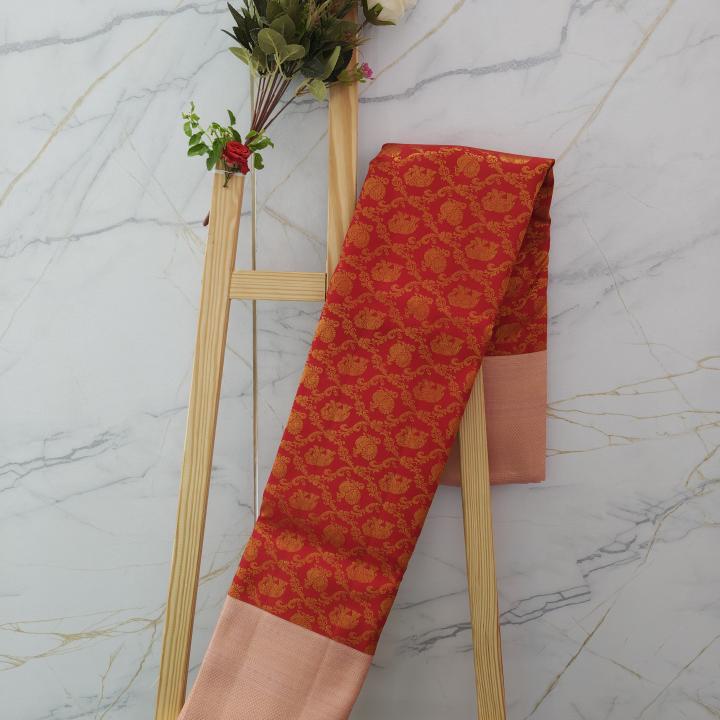 Crimson Red Silk Saree with Rose Gold Zari Border
