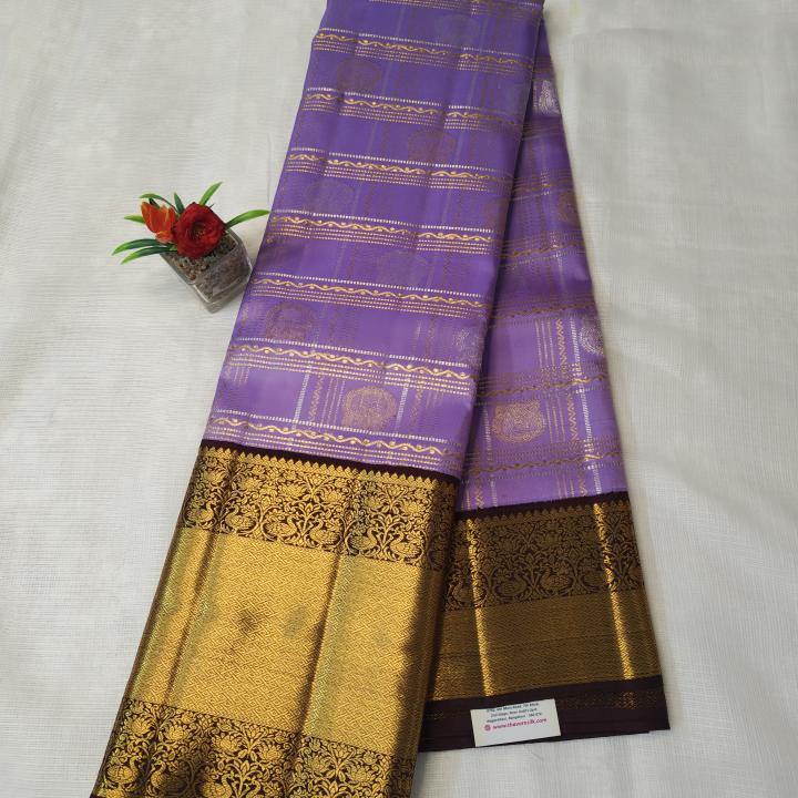 Lavender Silk Saree with Gold Zari Checkered Grid & Rich Contrast Dark Purple Border