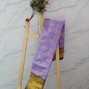 Lavender Silk Saree with Gold Zari Checkered Grid & Rich Contrast Dark Purple Border