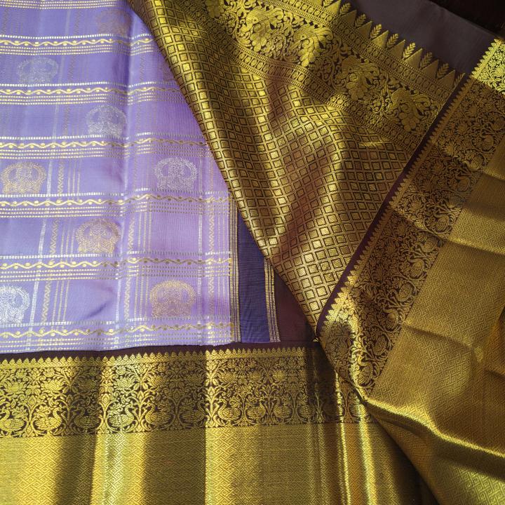 Lavender Silk Saree with Gold Zari Checkered Grid & Rich Contrast Dark Purple Border