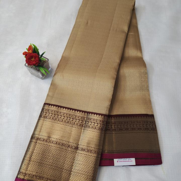 Metallic Gold Tissue Silk Saree with Contrast Magenta & Antique Zari Border