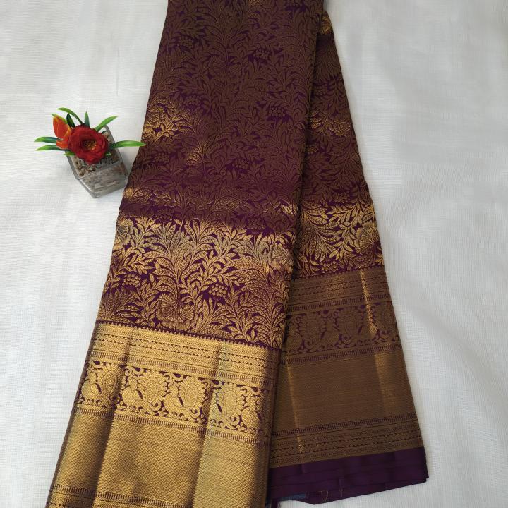 Deep Wine/Plum Silk Saree with All-Over Gold Zari Jaal & Rich Traditional Border