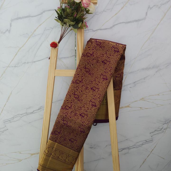 Deep Wine/Plum Silk Saree with All-Over Gold Zari Jaal & Rich Traditional Border