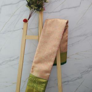 Peach-Pink Tissue Silk Saree with All-Over Gold Zari Jaal & Contrast Bottle Green Border