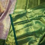 Peach-Pink Tissue Silk Saree with All-Over Gold Zari Jaal & Contrast Bottle Green Border