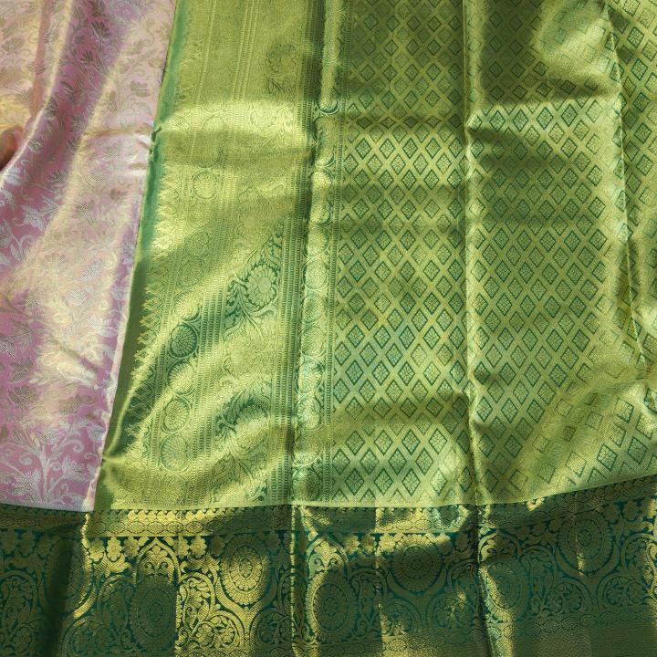 Peach-Pink Tissue Silk Saree with All-Over Gold Zari Jaal & Contrast Bottle Green Border