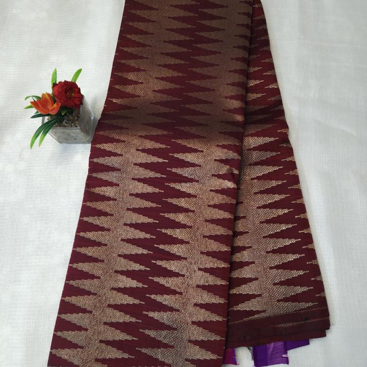 Kanchipuram Maroon Silk Saree with Geometric Temple Chevron Zari Weave & Purple Accent