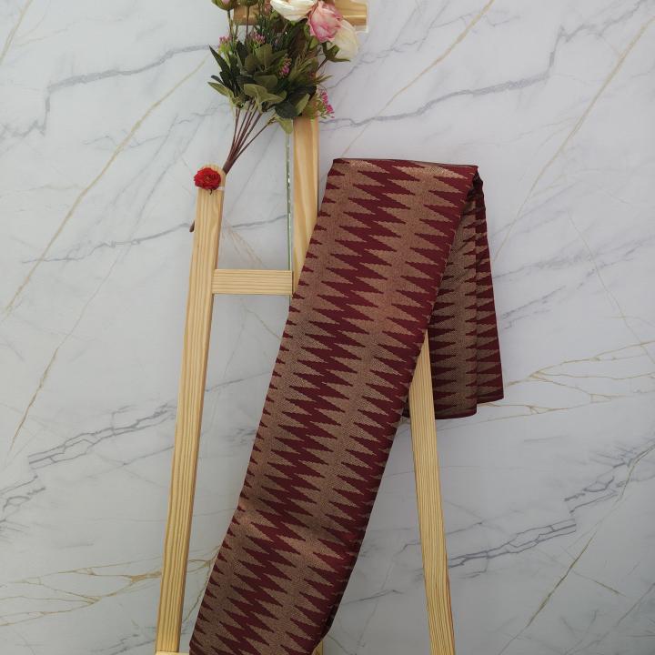 Kanchipuram Maroon Silk Saree with Geometric Temple Chevron Zari Weave & Purple Accent