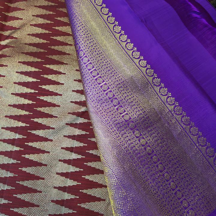 Kanchipuram Maroon Silk Saree with Geometric Temple Chevron Zari Weave & Purple Accent