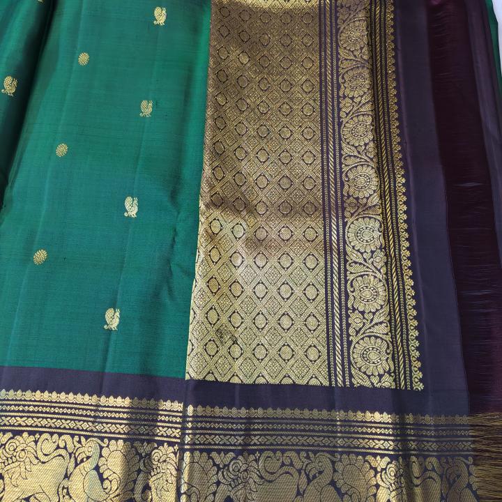 Kanchipuram Emerald Bottle Green Silk Saree with Gold Zari Peacock & Elephant Motifs & Dark Brown Border
