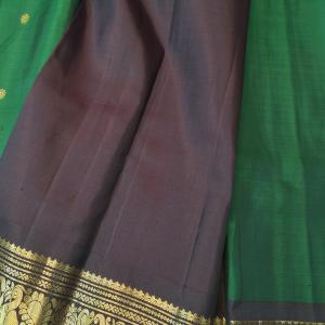 Kanchipuram Emerald Bottle Green Silk Saree with Gold Zari Peacock & Elephant Motifs & Dark Brown Border