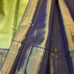 Kanchipuram Chartreuse Olive Green Silk Saree with All-Over Gold Zari Jaal & Contrast Royal Blue Border