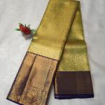 Kanchipuram Chartreuse Olive Green Silk Saree with All-Over Gold Zari Jaal & Contrast Royal Blue Border