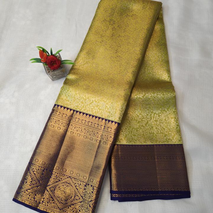 Kanchipuram Chartreuse Olive Green Silk Saree with All-Over Gold Zari Jaal & Contrast Royal Blue Border