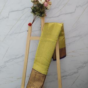 Kanchipuram Chartreuse Olive Green Silk Saree with All-Over Gold Zari Jaal & Contrast Royal Blue Border