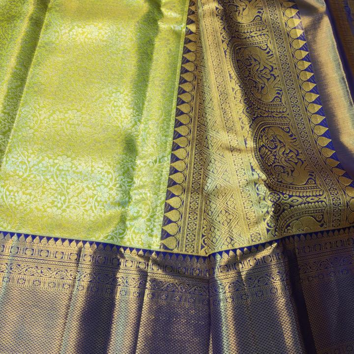 Kanchipuram Chartreuse Olive Green Silk Saree with All-Over Gold Zari Jaal & Contrast Royal Blue Border