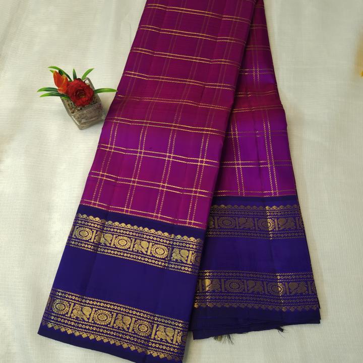 Rani Pink & Violet Checked Silk Saree with Traditional Gold Zari Border