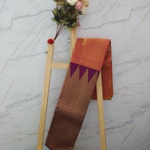 Sunset Peach Silk Saree with Paisley Motifs & Contrast Plum Zari Pallu