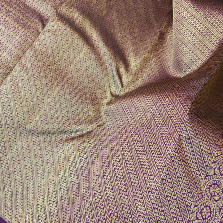 Sunset Peach Silk Saree with Paisley Motifs & Contrast Plum Zari Pallu