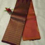 Sunset Peach Silk Saree with Paisley Motifs & Contrast Plum Zari Pallu