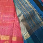 Crimson Red Silk Saree with Gold Zari Checks, Paisley Motif & Peacock Border