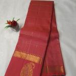 Crimson Red Silk Saree with Gold Zari Checks, Paisley Motif & Peacock Border