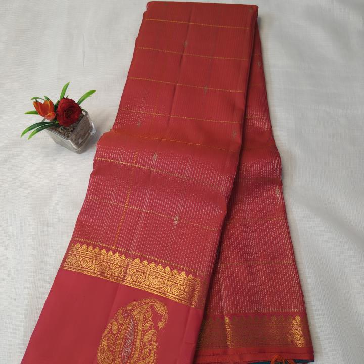 Crimson Red Silk Saree with Gold Zari Checks, Paisley Motif & Peacock Border
