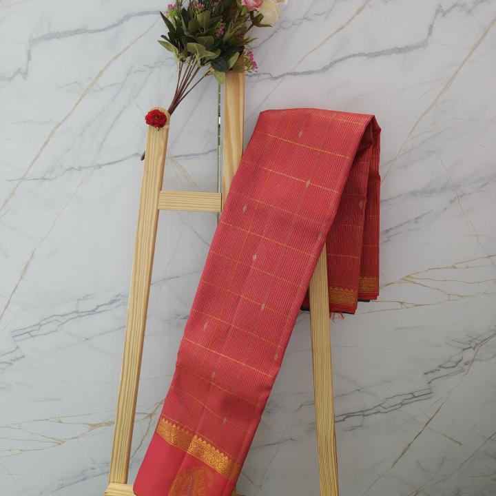 Crimson Red Silk Saree with Gold Zari Checks, Paisley Motif & Peacock Border