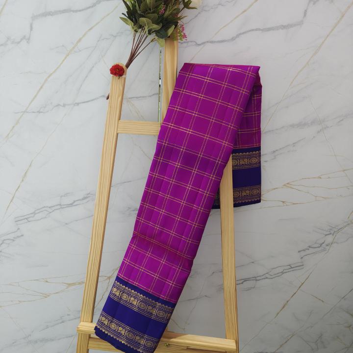 Rani Pink & Violet Checked Silk Saree with Traditional Gold Zari Border