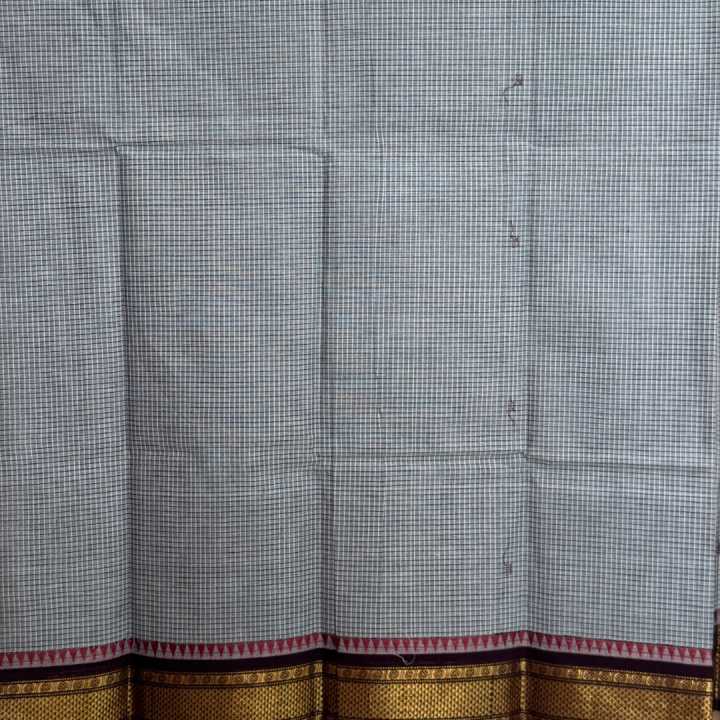 Silver Grey Checked Mangalagiri with Peacock Zari Border