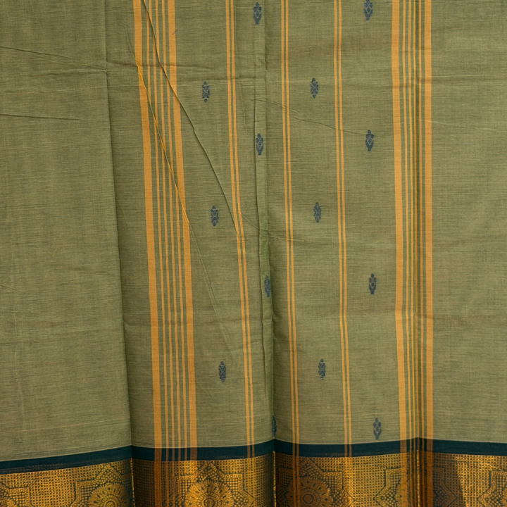Olive Green Handloom Cotton-Silk with Teal Chakra Zari Border