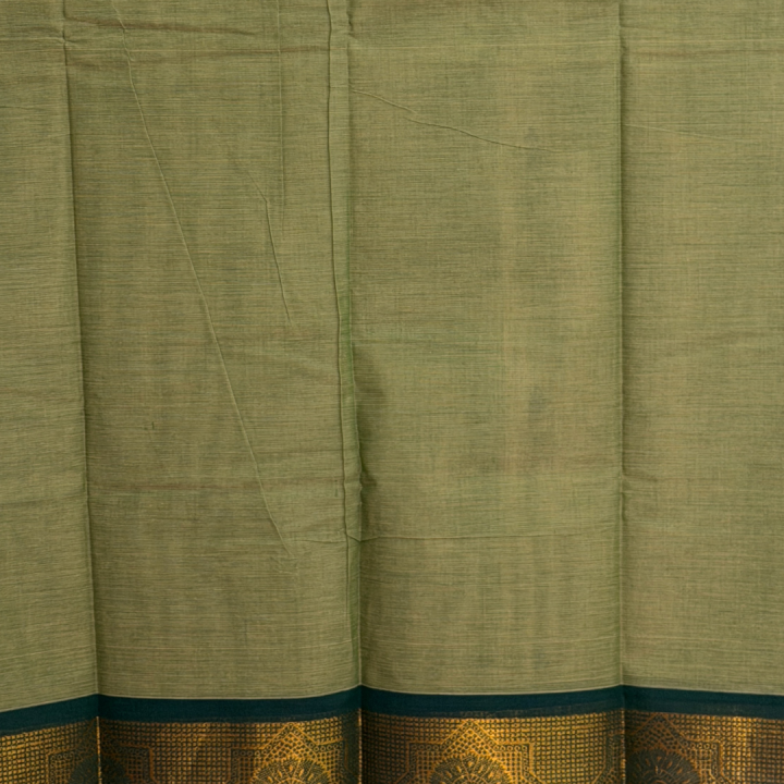 Olive Green Handloom Cotton-Silk with Teal Chakra Zari Border