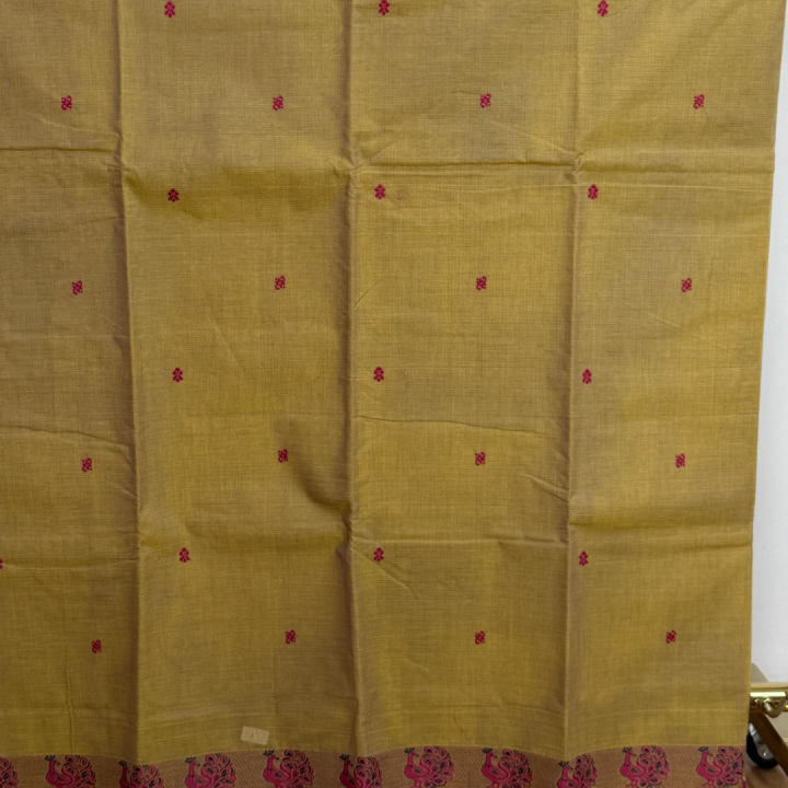 Lime Yellow Handloom Mangalagiri with Pink Peacock Zari Border