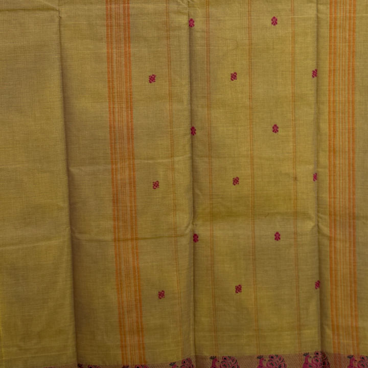 Lime Yellow Handloom Mangalagiri with Pink Peacock Zari Border