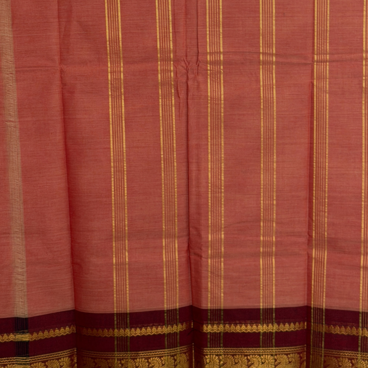 Peach-Salmon Semi-Silk Saree with Maroon Peacock Zari Border