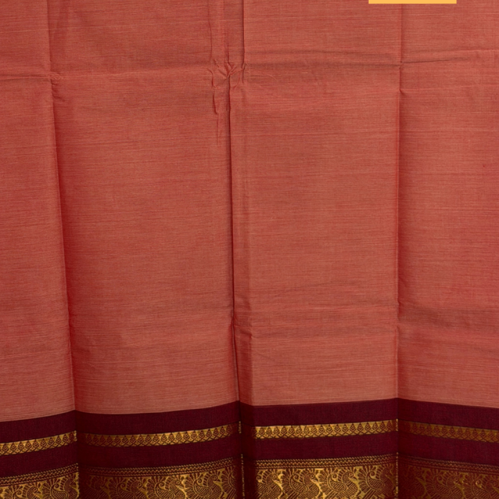 Peach-Salmon Semi-Silk Saree with Maroon Peacock Zari Border