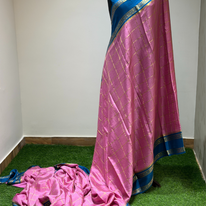 Pink & Teal Blue Checkered Saree