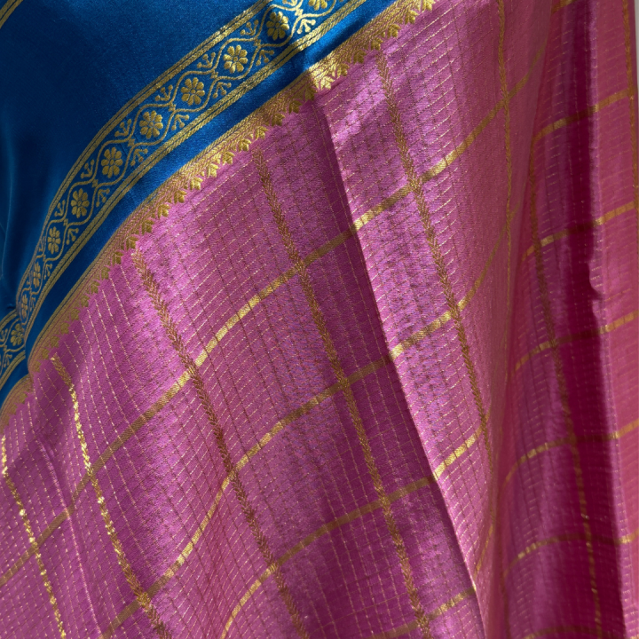 Pink & Teal Blue Checkered Saree
