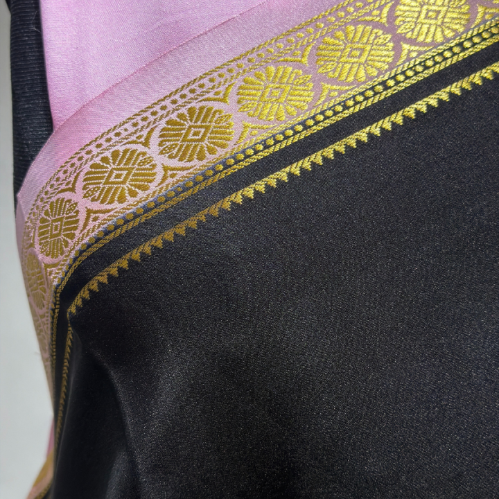 Midnight Black & Rose Pink Zari Border Chiffon Silk Saree