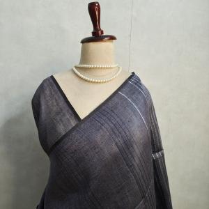 Charcoal Grey & Silver Linear Linen Saree