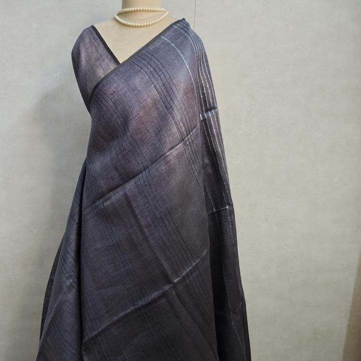 Charcoal Grey & Silver Linear Linen Saree