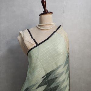 Sage Green & Black Ikat Chevron Linen Saree