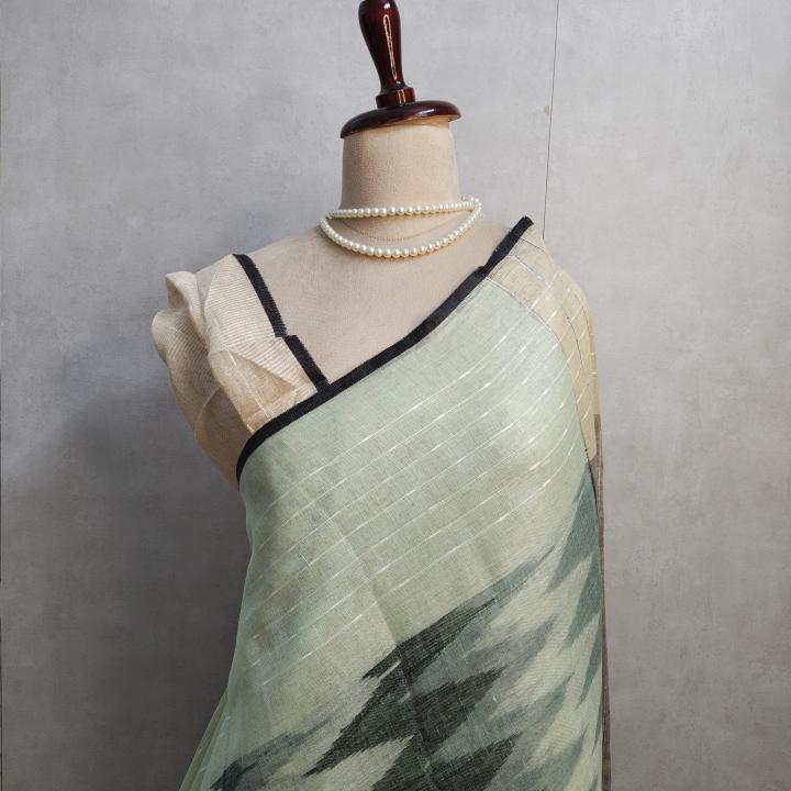 Sage Green & Black Ikat Chevron Linen Saree