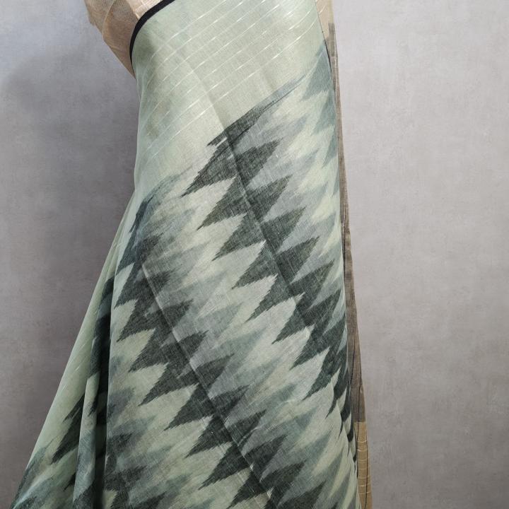 Sage Green & Black Ikat Chevron Linen Saree