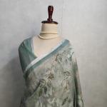 Olive Green Botanical Print Linen Saree