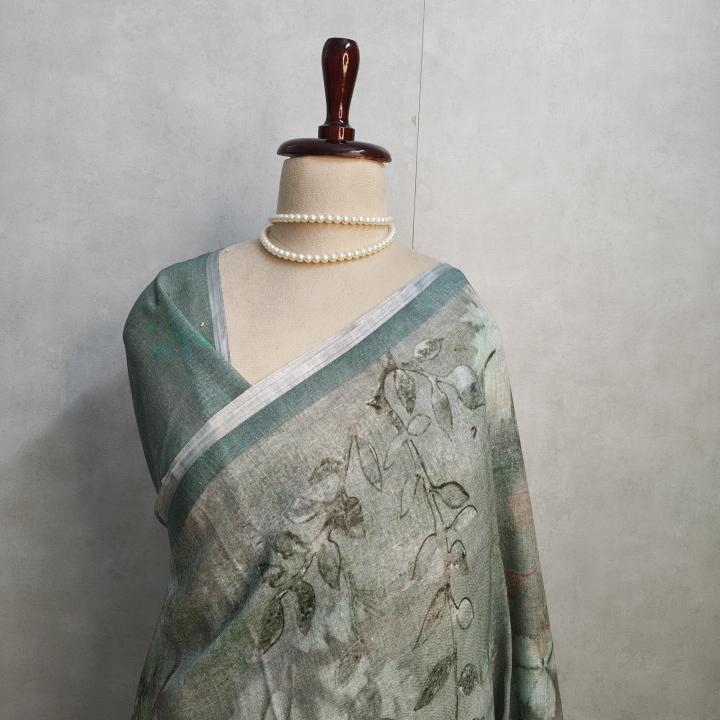 Olive Green Botanical Print Linen Saree
